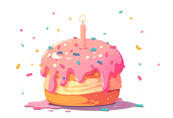 Pink frosted cake with sprinkles and a candle on top. The cake is on a white background flat vector illustration