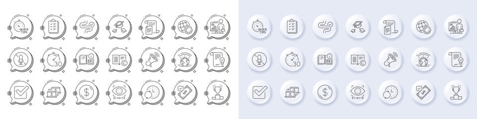 Accepted payment, Greenhouse and Documents line icons. White pin 3d buttons, chat bubbles icons. Pack of Checklist, Timer, Winner podium icon. Vector