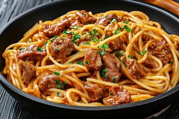 A close-up of a steaming plate of spicy shrimp pasta garnished with fresh parsley. Beautiful simple AI generated image