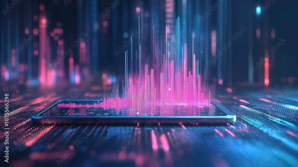 Poster abstract digital cityscape with glowing lines and data visualizations on a tablet screen.