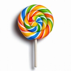A photostock of a colorful lollipop with vibrant rainbow colors, ideal for candy or childhood themes, isolated on white background, High Quality