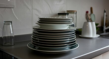 Clean stacked dishes on modern kitchen counter