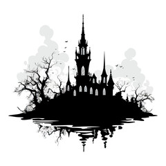 Obraz premium Haunted castle silhouette with twisted trees and a misty atmosphere, perfect for spooky themes. Generative AI.