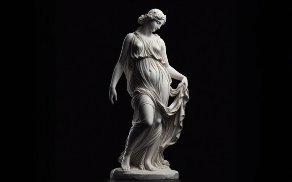 Classical marble sculpture of a female figure in flowing drapery, head tilted downward in contemplative pose against dark background, embodying grace and melancholy