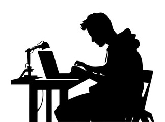 Silhouette of a person working intently on a laptop, symbolizing productivity. Generative AI.