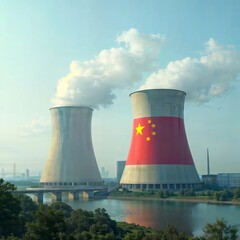 Obraz premium Power Plant with Chinese flag. Cooling towers with Chinese flag and steam rising, set against a scenic landscape.