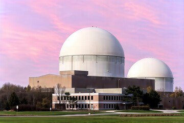 Obraz premium Twilight at the Power Plant. A nuclear power plant with two large containment domes at twilight with a colorful sky.