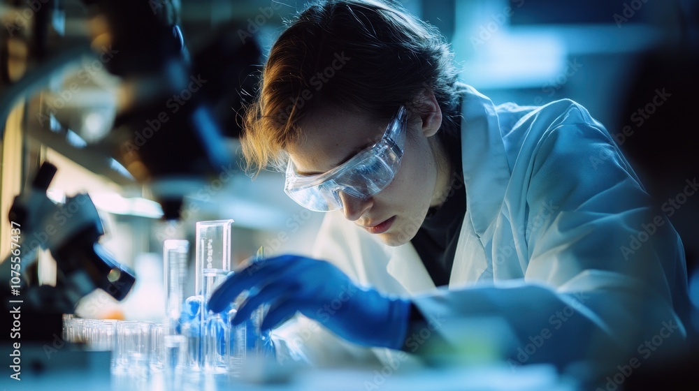 Poster scientist working in a laboratory with test tubes.