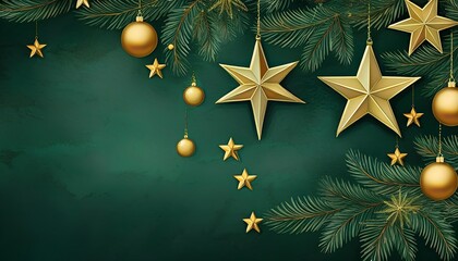 A festive illustration featuring golden stars, baubles, and fir branches on a green texture_1(246)