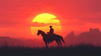 Silhouette of a cowboy on horseback riding into the sunset.