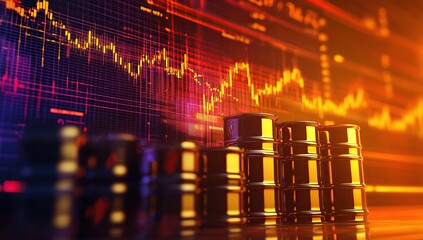 Obraz premium A stock market graph with oil barrels in the background