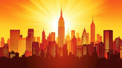 Obraz premium Sunset over City Skyline with Sunburst Effect