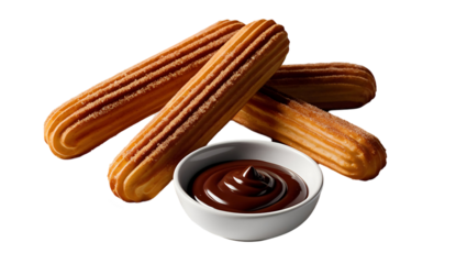 Three crispy churros with a bowl of melted chocolate sauce on a black background.