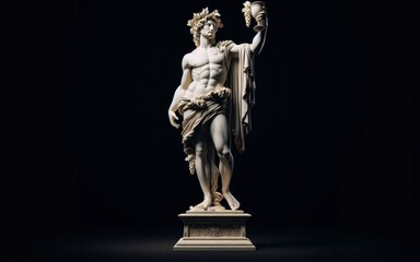 Marble statue of Bacchus/Dionysus, the god of wine, wearing grape crown and holding goblet, standing gracefully on ornate pedestal against dark background