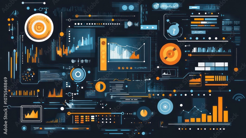 Poster abstract futuristic digital interface with charts and graphs on a black background.