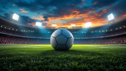 Soccer Ball in a Stadium Under Bright Lights - Iconic Symbol of Football and Global Sports Enthusiasm with Dynamic Energy and Athletic Spirit