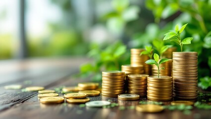 Stack of gold coins on a wooden surface, symbolizing wealth, investment, savings, and economic success