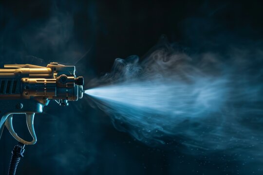 Paint spray gun is spraying white paint in a dark smoky environment