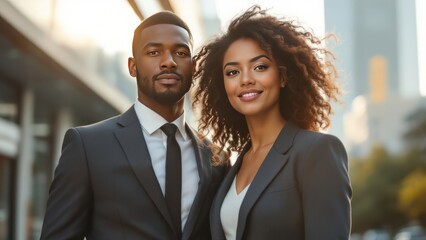 Confident African-American couple dressed formally, standing together, representing partnership, success, and unity