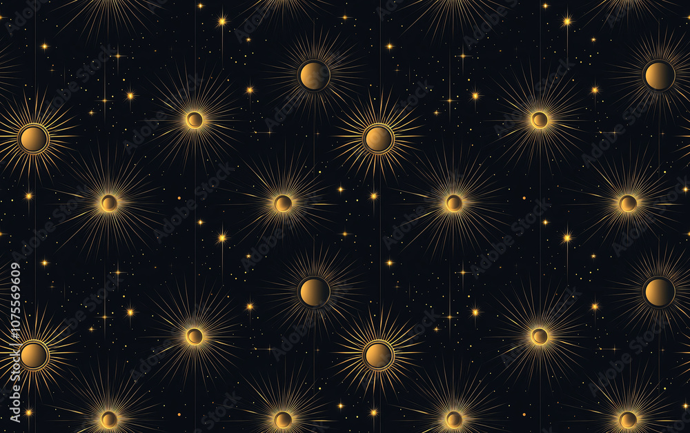 Poster a dark background with golden starburst patterns creates a captivating cosmic effect, evoking a sens