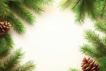 Festive pine branches with cones border on white background