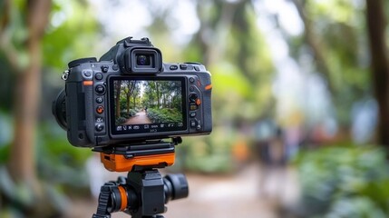 Camera on a tripod displaying a blurred image of a garden path.
