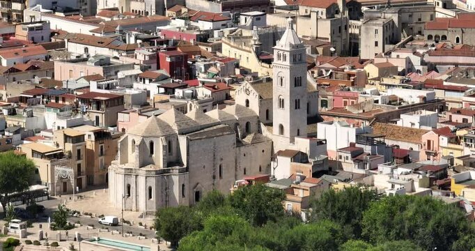 Aerial view of the apse of the Basilica of Santa Maria Maggiore in the historic center of Barletta, Puglia, Italy. It is the cathedral of the town and it was built in Romanesque style. 