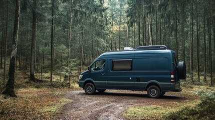 Van Life Escape: Teal Campervan parked on a forest path.  Adventure awaits in the tranquil woods. 