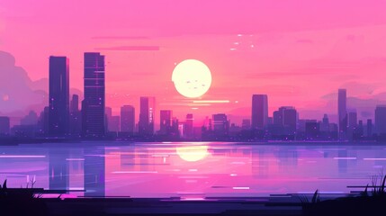 Vibrant Sunset Over Urban Skyline Reflection