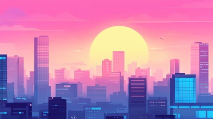 Obraz premium Vibrant Sunset Over City Skyline in Digital Style