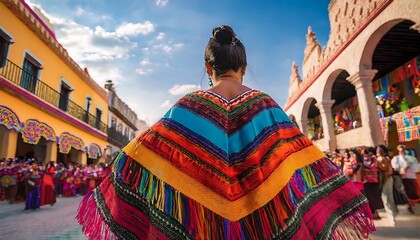 Fototapeta premium A Mexican woman wears an intricately woven Oaxacan dress featuring vibrant patterns and bol_1(406)