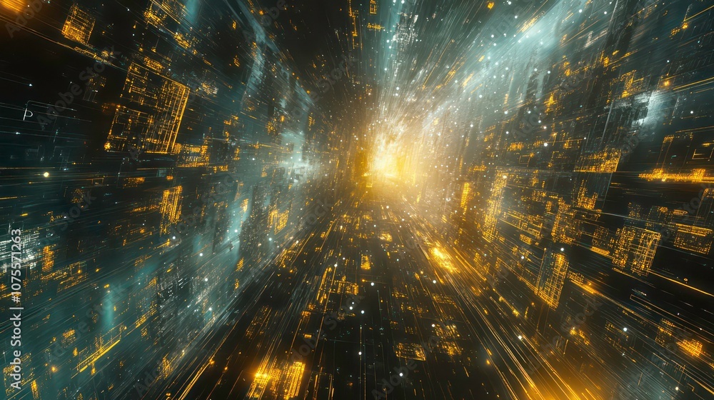 Wall mural abstract digital tunnel with glowing lines and particles.