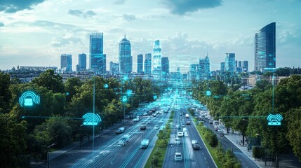 Naklejka premium Futuristic city with AI-integrated infrastructure, autonomous vehicles, and smart buildings.