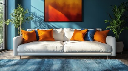 A white couch with orange and blue pillows in a modern living room with a blue wall and a large painting.