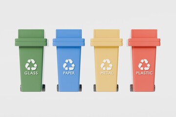 3D Realistic Recycling Bin Icon with multiple color variations. Minimal Cartoon Waste trash bin, Garbage container, Recycle bin icon. Emphasizing sustainability and eco-friendliness concept 3d render.