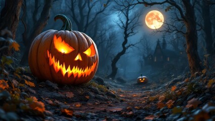 Spooky Halloween Scene With Glowing Jack-O'-Lantern In Forest