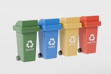 3D Realistic Recycling Bin Icon with multiple color variations. Minimal Cartoon Waste trash bin, Garbage container, Recycle bin icon. Emphasizing sustainability and eco-friendliness concept 3d render.