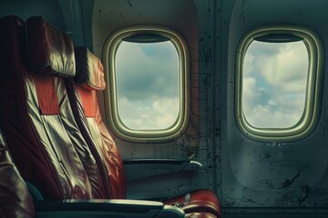 Empty airplane seats inside the cabin of a passenger jet looking out over a cloudy sky