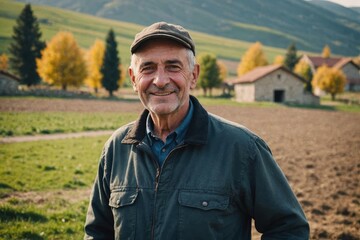 Close portrait of a smiling senior Macedonian male farmer standing and looking at the camera, outdoors Macedonian rural blurred background