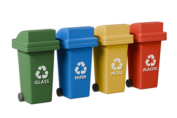 3D Realistic Recycling Bin Icon with multiple color variations. Minimal Cartoon Waste trash bin, Garbage container, Recycle bin icon. Emphasizing sustainability and eco-friendliness concept 3d render.