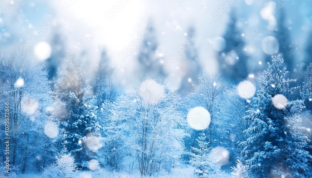 Poster winter forest scene with soft falling snowflakes on a light pastel background featuring bea_1(1969)