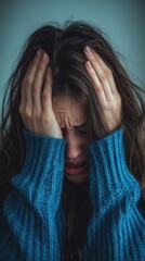 A young woman appears stressed and overwhelmed, with her hands covering her head, expressing frustration or anxiety.