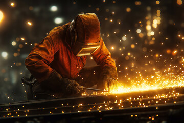 a welder at a construction site welds metal with sparks