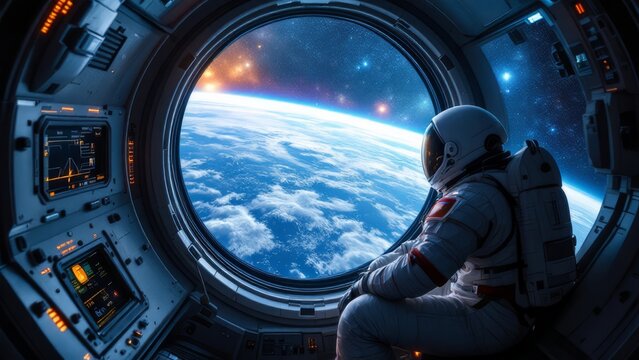 Astronaut gazing at Earth from spaceship window, futuristic space exploration and observation, deep space travel concept with cosmic view, universe and interstellar journey