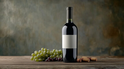 Fototapeta premium Bottle of Wine on Rustic Table with Grapes and Corks