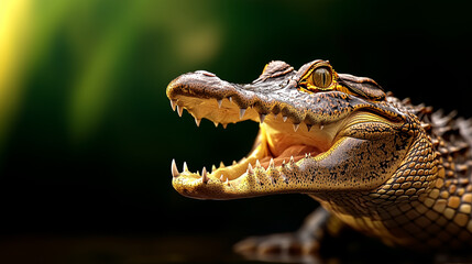 Obraz premium Alligator with mouth open in sunlight surrounded by greenery