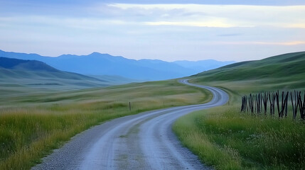 Rural Landscape at Twilight with Winding Road and Distant Horizons