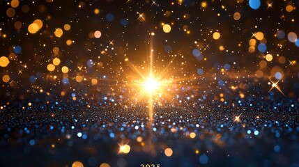 Naklejka premium A bright golden star shines in the dark, surrounded by glittering sparkles. The year 2025 is written below.