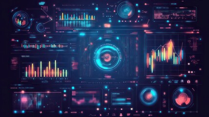An illustration of various tech processes, including data analysis and machine learning, displayed on a digital dashboard