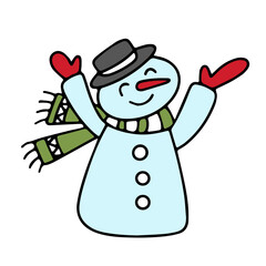 Cartoon Christmas vector drawing. Funny snowman in a hat and mittens